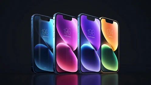 Four Premium Smartphones with Vibrant Gradient Display Wallpapers. Rendered