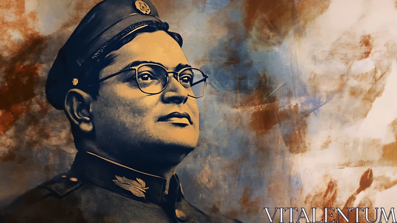 Resolute officer gazes into storm-tinted painted horizon.