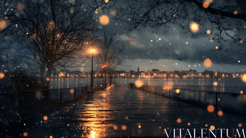 Rain-lit riverside promenade rendered in atmospheric digital light