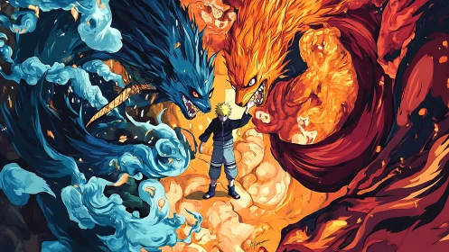Boy confronting twin elemental beasts in fiery canyon.