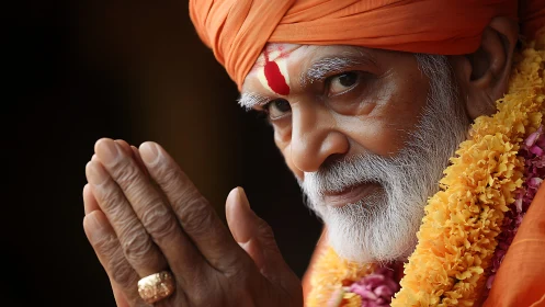 Gentle elder offers a warm namaste in marigold garlands