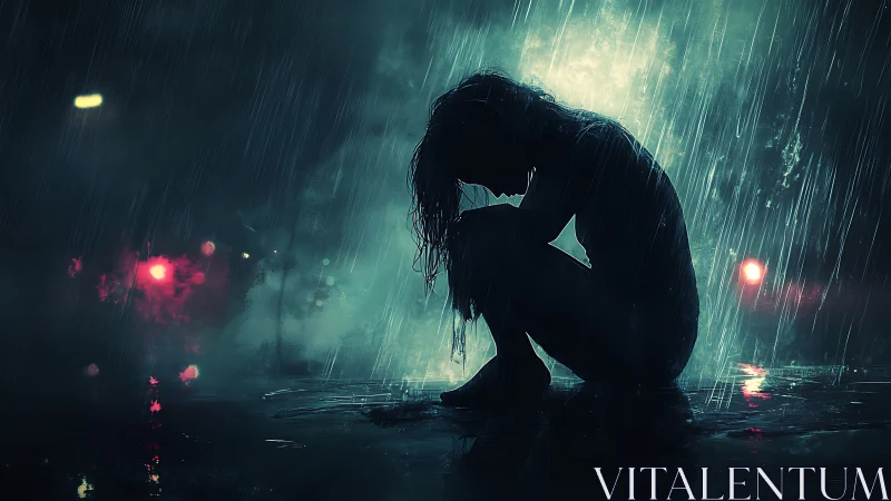 Silhouetted person crouches alone in heavy nighttime rain
