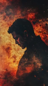 Digital painting silhouette within cosmic nebula silhouette profile.