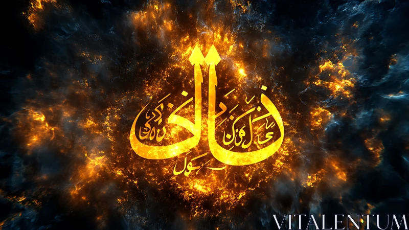 Luminous Arabic calligraphy emblem amid fiery nebula field