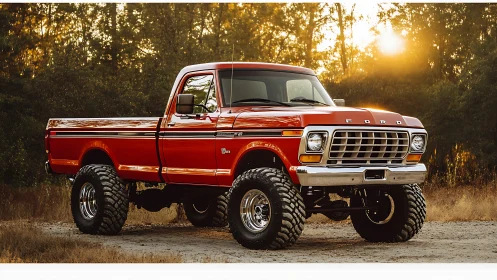 Lifted classic red Ford pickup truck at sunset outdoors.
