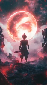 Warrior silhouette faces colossal crimson celestial sphere.