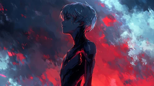 Solitary ember boy framed by stormy neon twilight skies.