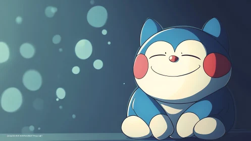 Plump blue daydreamer grinning in soft bubble light.