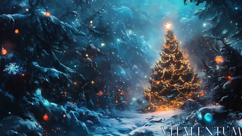 Christmas tree glows in snowy enchanted forest clearing