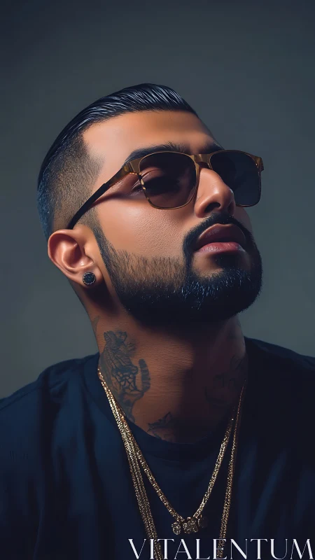 Man with sunglasses and tattoos poses against neutral background