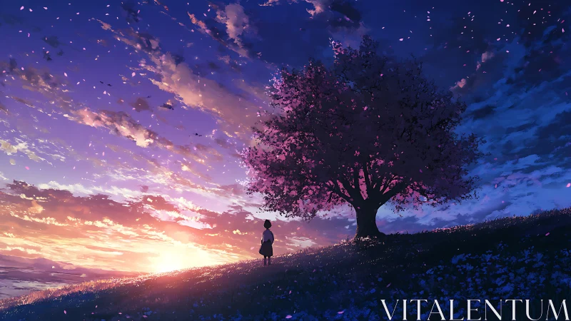 Solitary figure watches a glowing sunset beneath sakura tree