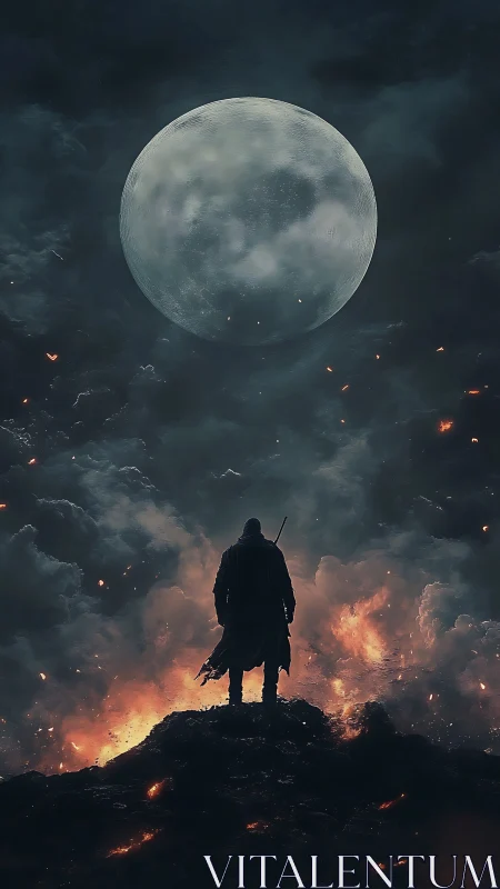 Lone cloaked warrior atop burning ridge under looming full moon