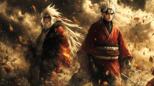 Legendary ninja master and student stride through swirling leaves.