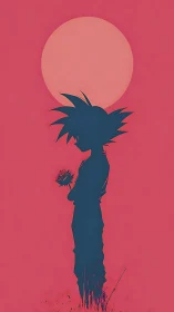 Silhouette of spiky haired figure holding rose under sun.