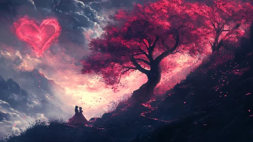 Luminous Heart: Digital Romance Under Cosmic Trees.