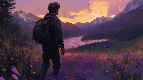 Hiker observes sunset over mountain lake from flower field