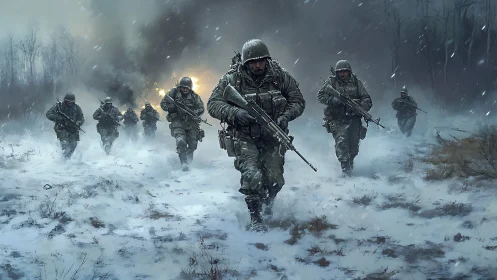 Infantry squad advancing through snow under artillery fire