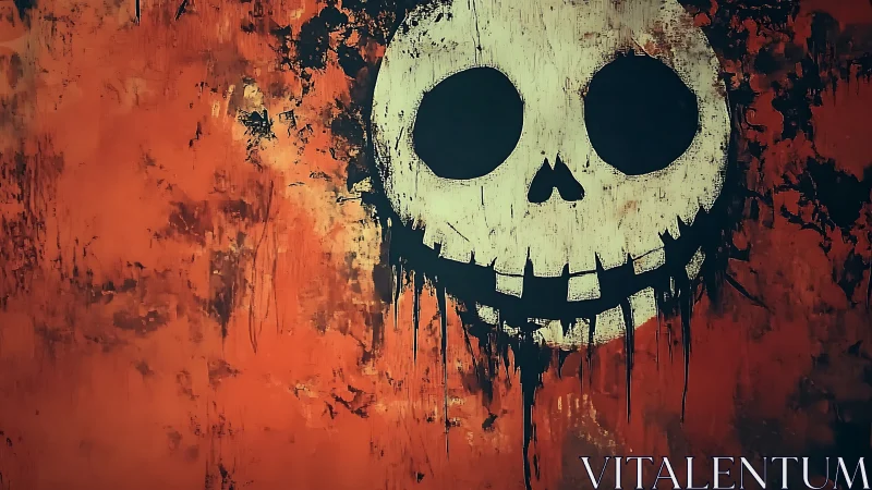 Distressed grinning skull graffiti dominates a grunge orange field