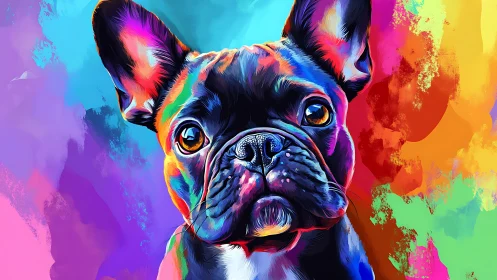 Color-splashed French bulldog gazes from a neon rainbow.