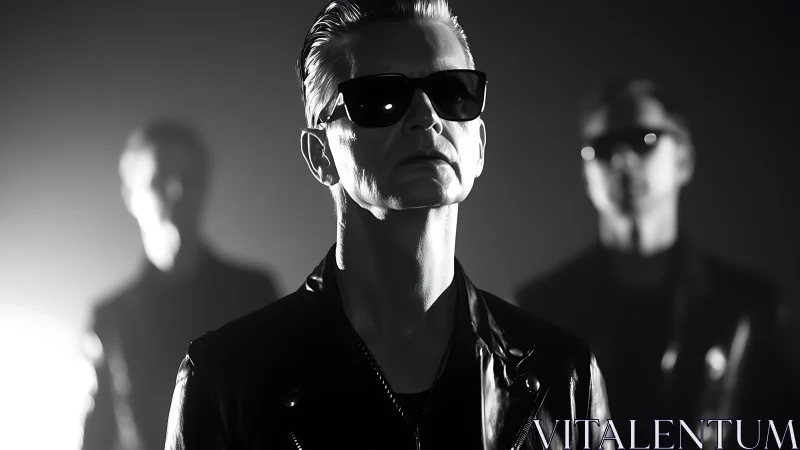 Moody black and white portrait of a cool leather-clad trio