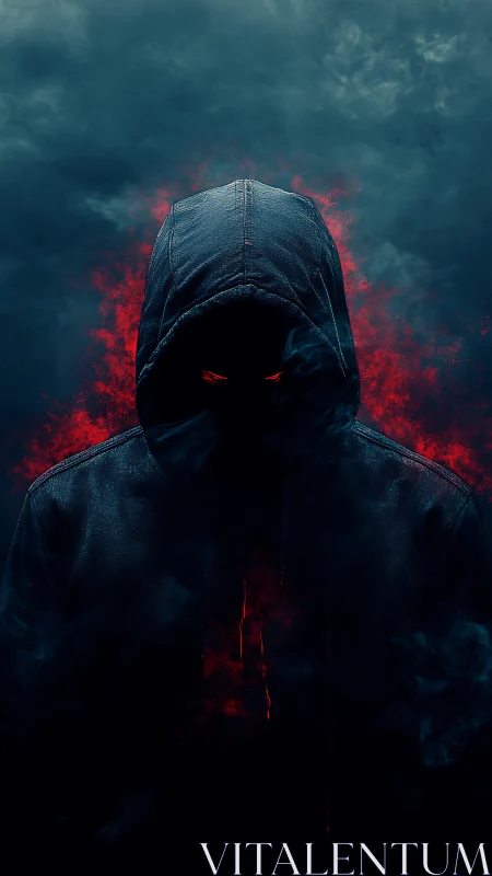 Hooded shadow figure with burning red eyes emerges