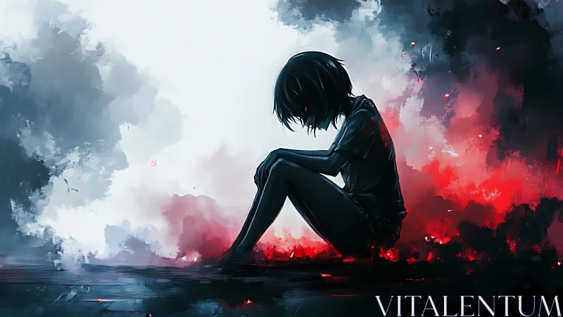 Silhouetted anime figure in high contrast chromatic smoke field.