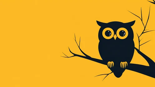 Minimalist vector owl silhouette perches on stark branch