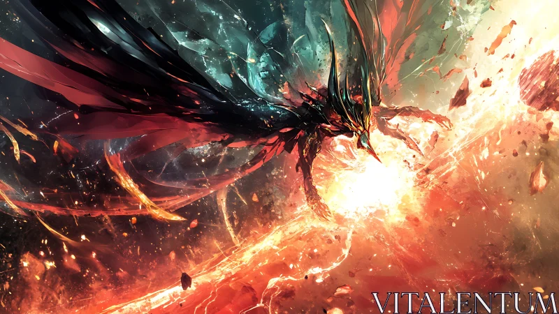 Fiery cosmic phoenix plunges through light and shattering stone