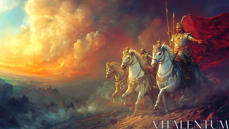 Stormrider king leading celestial war-steeds at dawn.