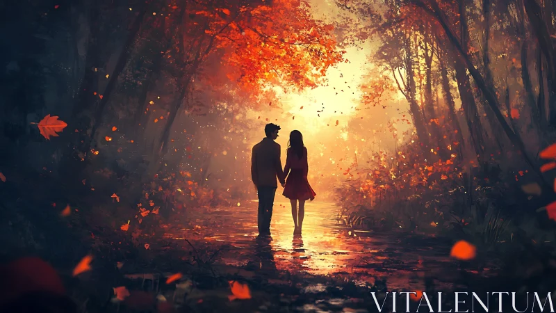 Couple Walking Through Autumn Forest in Golden Light.