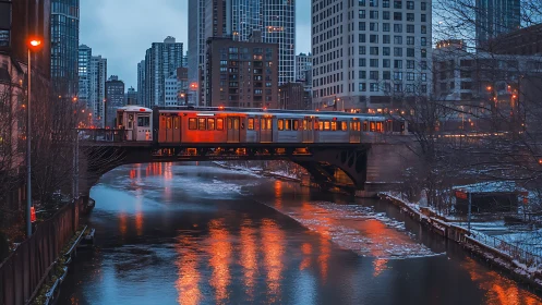Orange train lights glow over icy river in winter cityscape.
