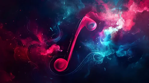 Vibrant magenta music note in swirling neon nebula field.