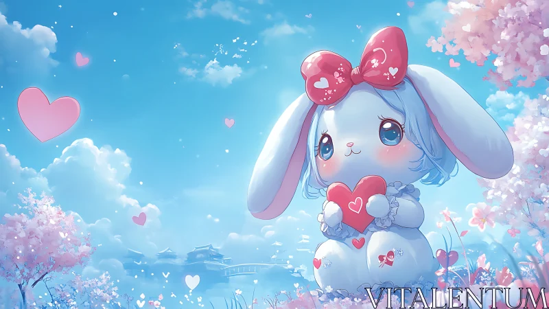Anthropomorphic rabbit holding heart in pastel spring field.