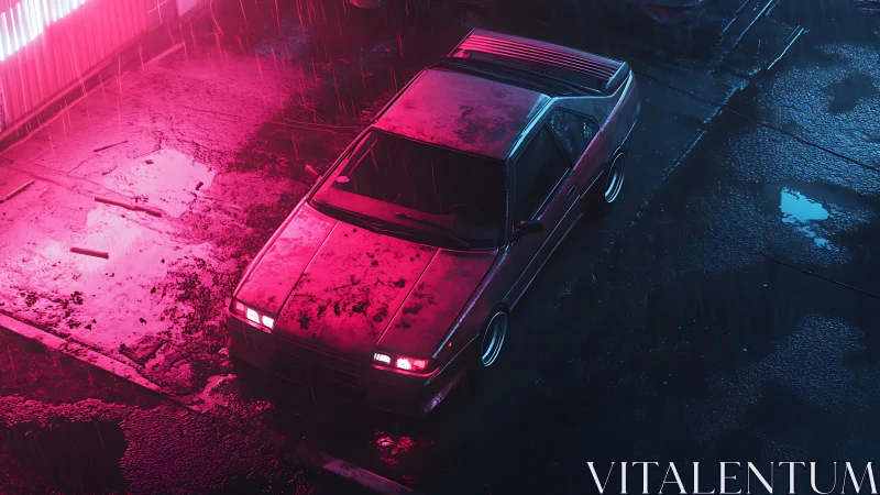 Cyberpunk coupe in neon rainfall, cinematic overhead framing.