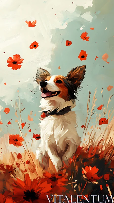 Joyful dog in painterly poppy field under diffuse sky