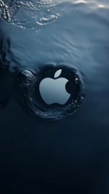 Metallic apple emblem submerged in dark liquid with radial ripples