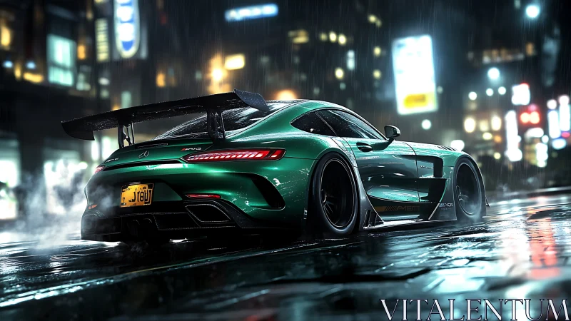 Emerald GT track car powers through neon-soaked night rain.