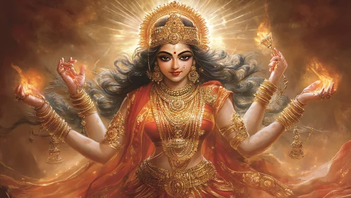 Hindu goddess with fiery aura and flowing golden ornaments.