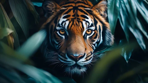 Tiger portrait framed by lush jungle foliage at dusk.