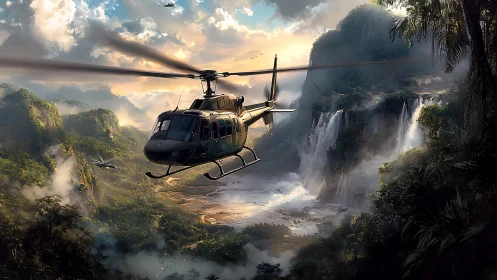 Rescue helicopter cuts through mist above cinematic jungle falls