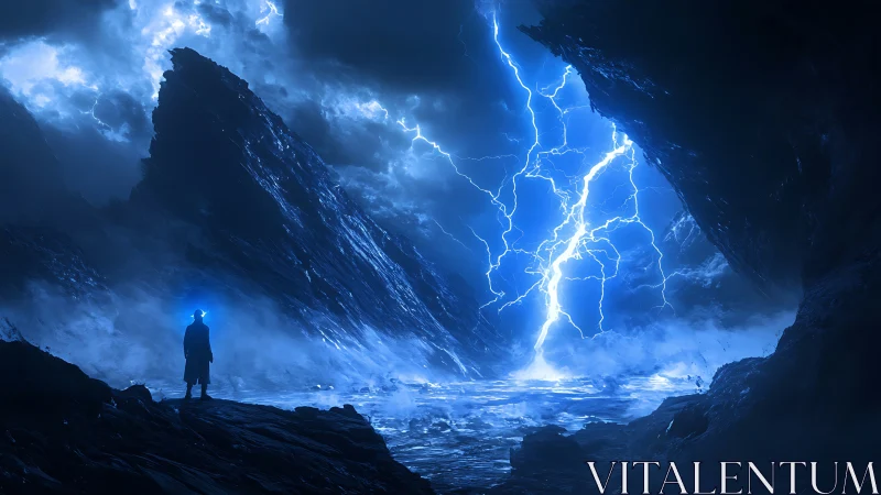 Lone explorer under electric storm in blue ravine.