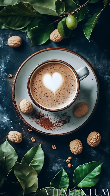 Coffee Cup with Latte Art and Botanical Arrangement