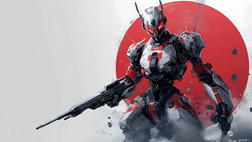 Combat mech with angular armor silhouettes against red solar disc