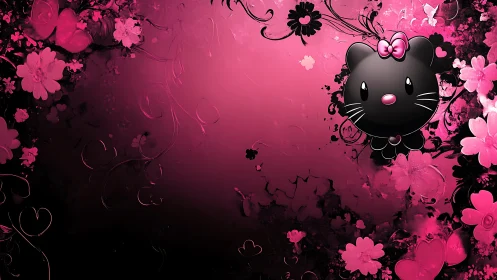Black Cat Character with Pink Bow in Floral Garden Composition.