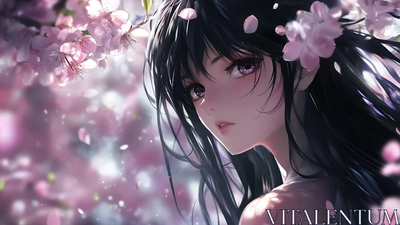 Anime portrait under soft-focus sakura canopy with rim lighting