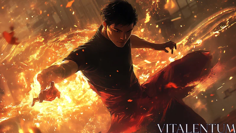Fiery martial artist unleashing a swirling blaze of power.