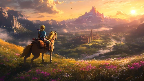 Sunlit rider gazes over a blooming, enchanted valley kingdom.
