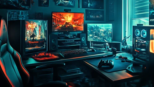 Immersive neon-lit gaming battle station glows with cyber energy
