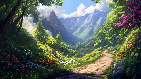 Sunlit mountain path invites a gentle walk through wildflowers