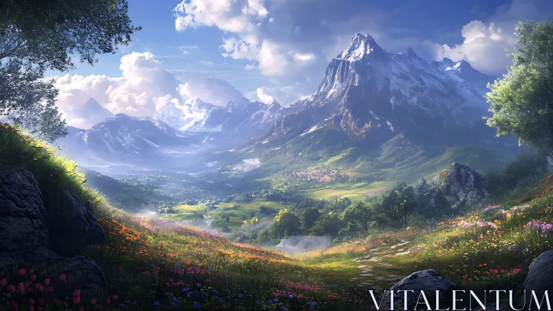 Snowcapped peak above sunlit valley and wildflower meadow.